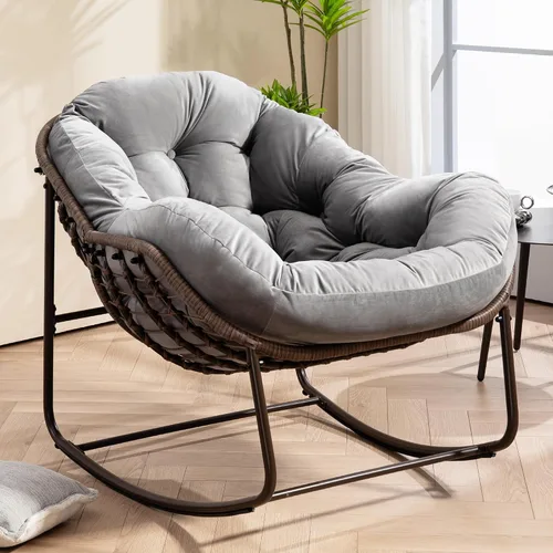 Miniatura 16 de HOMEFUN Juego de 2 mecedoras para patio al aire libre, sillas Papasan Rock de gran tamaño para interiores con cojín acolchado, asiento de huevo