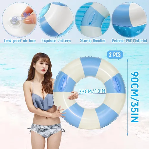Miniatura 4 de 2 anillos inflables de natación a rayas con asas, flotadores inflables para piscina, diversión acuática, para adultos, niños, flotadores de piscina