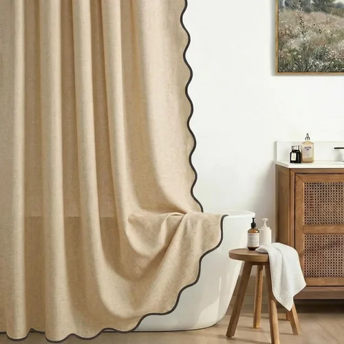 Miniatura 12 de Cortina de Ducha de Lino Beige Bonita Negra Festoneada Boho Moderna Cortinas de Ducha para Baño Juego, 48" W x 72" L