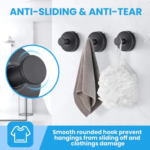 Miniatura 5 de JOMOLA 2 ganchos de acero inoxidable con ventosa para toallas de baño, ganchos de ducha para almacenamiento de toallas, utensilios de cocina, Negro