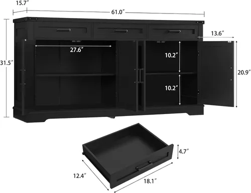 Miniatura 2 de usikey Armario buffet, aparador grande de 61 pulgadas con 3 cajones, barra de café de granja con 4 puertas, para cocina, sala de estar, color negro