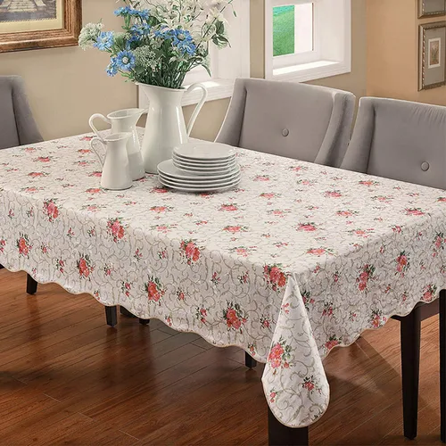 Miniatura 3 de Mantel floral de manzanilla rosa resistente al agua, rectangular, con parte trasera de franela, mantel de plástico de vinilo con flores rojas