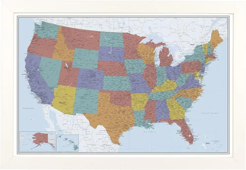 Miniatura 35 de Push Pin Travel Maps Lienzo personalizado Blue Oceans USA con marco gris de madera de granero