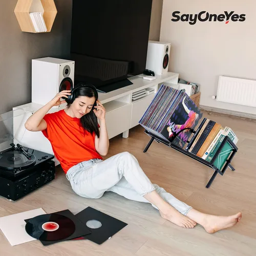 Miniatura 5 de Estante de almacenamiento de discos de vinilo, organizador LP negro mate para 100 álbumes, soporte de metal resistente de un solo nivel, fácil