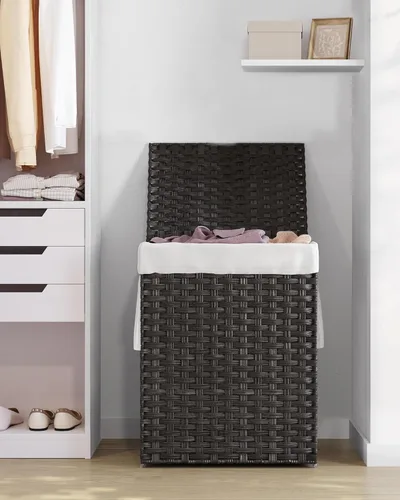 Miniatura 9 de SONGMICS Cesta de lavandería con tapa, cesta de ropa de 23.8 galones (90 L) de ratán sintético con tapa y asas, plegable, forro extraíble, negro
