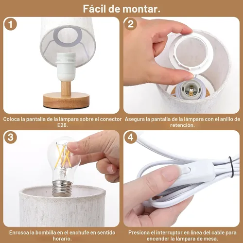 Miniatura 8 de Fenmzee Lámpara de mesa pequeña para dormitorio, control en línea, lámpara de noche con bombilla LED A15 de 3000 K, fácil montaje