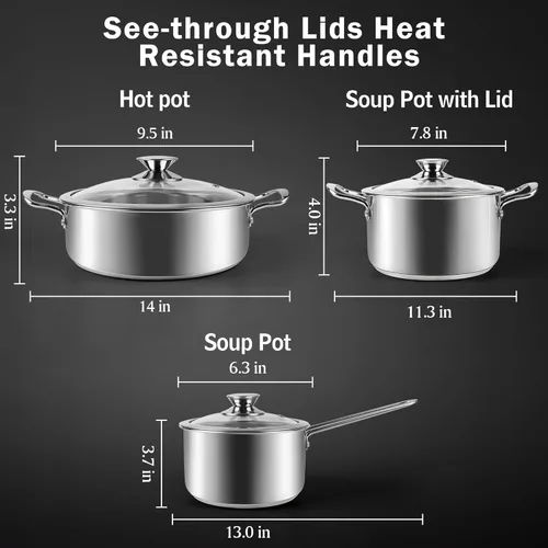 Miniatura 2 de Juego de ollas y sartenes de acero inoxidable, juego de 6 piezas de utensilios de cocina de inducción con tapas de vidrio, funciona con cocinas