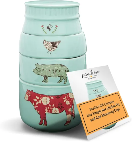Pavilion Gift Company - 'Live Simply Bee, Chicken, Pig, and Cow' - Juego de tazas medidoras de gres de 4 piezas, utensilios de cocina resistentes