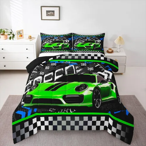 Miniatura 30 de Feelyou Juego de edredón azul de carreras para niños, juego de ropa de cama de coche deportivo para niños y niños, edredón deportivo geométrico a