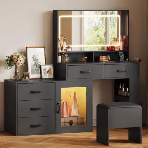 Miniatura 10 de WLIVE Escritorio de tocador con espejo y luces, mesa de maquillaje con cajón, armario y estantes abiertos, tocador de dormitorio con estación