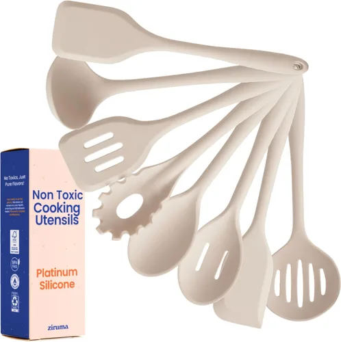 Juego de 8 utensilios de cocina de silicona de platino no tóxico – Cucharas y espátulas de cocina antiarañazos, 100% libre de plástico, núcleo de