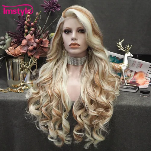 Miniatura 4 de IMSTYLE Pelucas sintéticas largas con encaje frontal de color piano castaño y rubio para mujer, peluca gruesa sintética resistente al calor