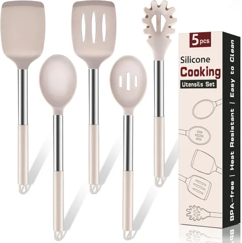 Miniatura 9 de Juego de utensilios de cocina de silicona, 5 piezas, herramientas de cocina resistentes al calor, incluye espátula sólida y ranurada, cuchara