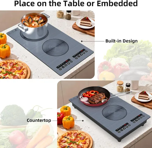 Miniatura 8 de VBGK Placa de cocción de inducción, placa caliente de doble quemador de 110 V 2300 W con control táctil LED, 9 niveles de potencia, bloqueo