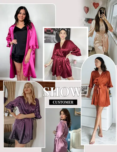 Miniatura 6 de Ekouaer Bata de satén para mujer, lencería de San Valentín para mujer, kimono, bata corta con volantes, cinturón, ropa de dormir para damas de honor