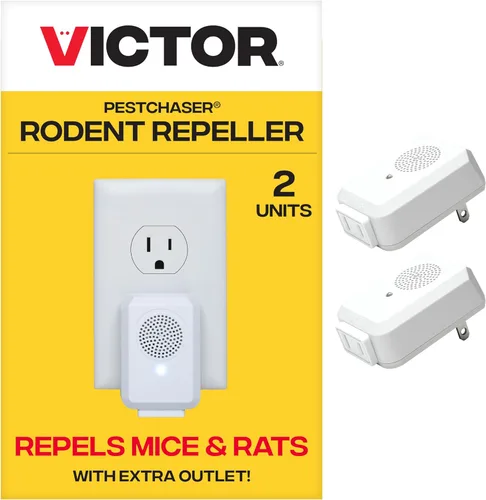 Victor PestChaser - Repelente de roedores con luz nocturna y salida extra, paquete de 2, 2 repelentes de roedores de alta frecuencia, repele