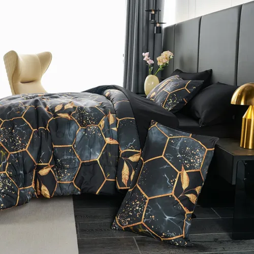 Miniatura 9 de ZRNBAST - Juego de edredón de nido de abeja negro de tamaño completo de 7 piezas, ropa de cama hexagonal suave y ligera, de mármol para todas