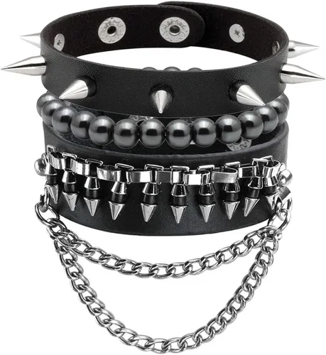 Eigso Juego de pulsera punk de cuero negro para hombres y mujeres clásicas Vintgae tachonadas con picos de los años 80 para hombre y mujer