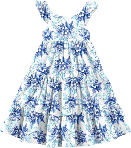 Miniatura 17 de Vieille Vestido de verano para niñas pequeñas, con volantes, sin mangas, casual, vestido de playa, escalonado, vestido de princesa para 2-8 años