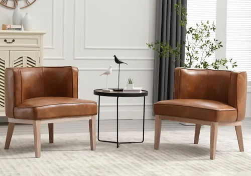 Miniatura 8 de RIVOVA Silla Accent Barrel, silla decorativa de piel sintética tapizada moderna para sofá individual con patas de madera, cómoda silla de club