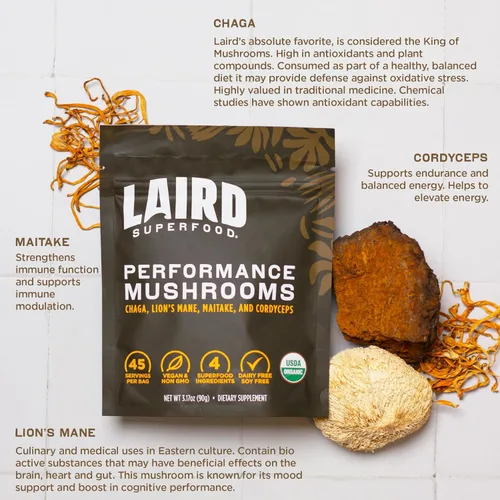Miniatura 4 de Laird Superfood Mezcla Orgánica de Hongos de Rendimiento con Chaga, Cordyceps, Lion's Mane y Maitake para Energía y Cognición, Bolsa de 3.17 oz
