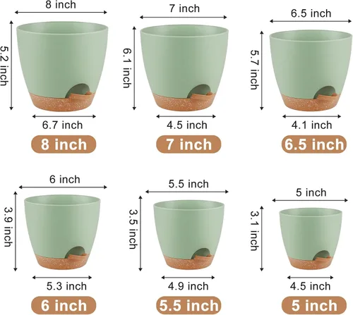Miniatura 3 de QRRICA Macetas para Plantas de 8/7/6.5/6/5.5/5 Pulgadas con Autoriego, Juego de 6 Macetas de Plástico con Agujeros de Drenaje y Platillos, Macetas