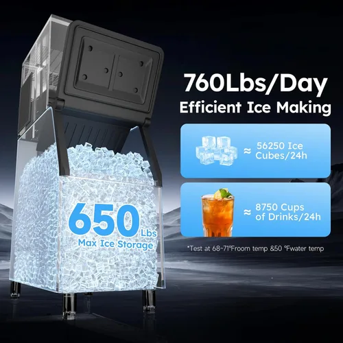 Miniatura 2 de Máquina de hielo comercial 760LBS/24H, almacenamiento de 650 libras, gran máquina de hielo industrial, lista para hielo en 5-15 minutos, con modo