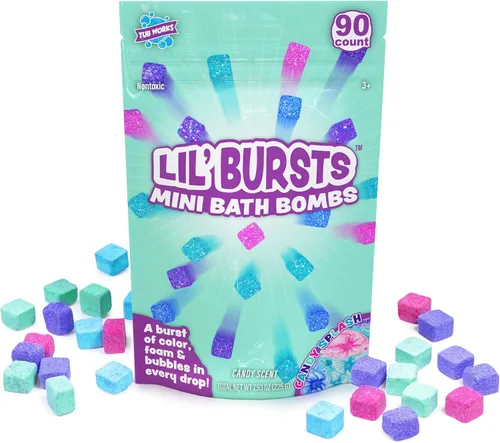 Miniatura 9 de Tub Works® Lil' Bursts™ Mini bombas de baño para niños, 90 unidades, Candy Splash No tóxicas Bombas de baño para niños pequeños con una ráfaga