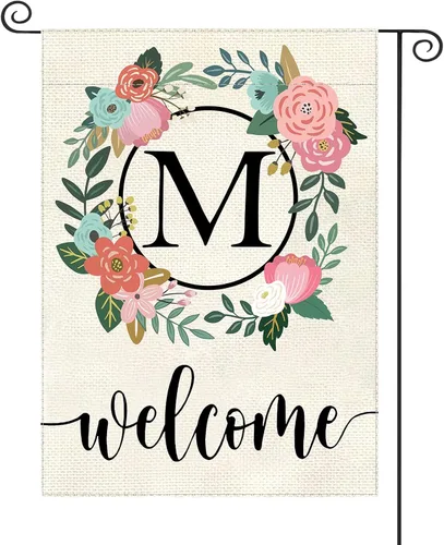 Miniatura 18 de Bandera de jardín con letra monograma, floral, 12 x 18 pulgadas, doble cara para exterior, pequeña de arpillera, familia, apellido, bandera inicial