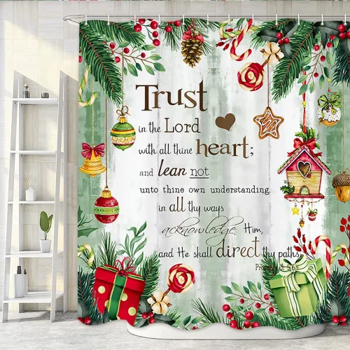 NYMB Cortina de ducha de Navidad, bola de Navidad con ramas de pino con citas inspiradoras Trust in The Lord, cortina de baño de madera rústica,