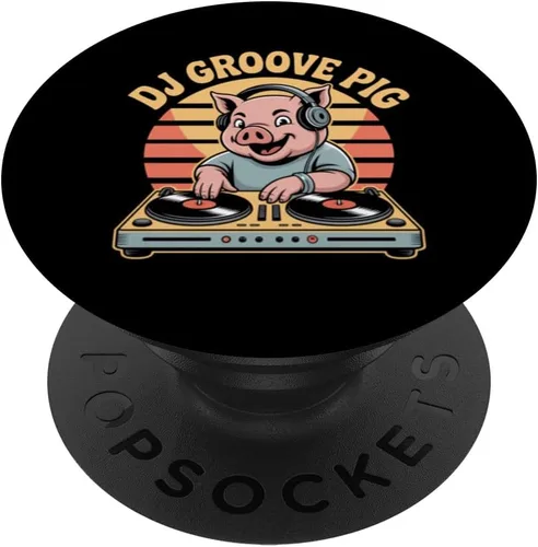 DJ Groove Pig Retro DJ Turntable Sunset Vibes PopSockets Adhesive PopGrip