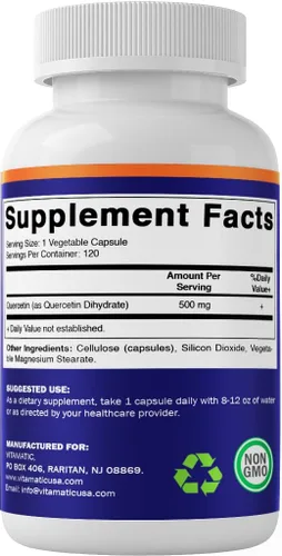Miniatura 8 de Vitamatic Paquete de 3 quercetina de 500 mg, 120 cápsulas vegetarianas (sin OMG, sin gluten, vegano) - Apoya la salud cardiovascular