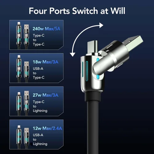 Miniatura 4 de MFish Cable de carga USB 4 en 1 con funda de transporte, cable de carga rápida de 240 W, USB-A y USB-C dual a USB-C/Lightning, para iPhone Negro