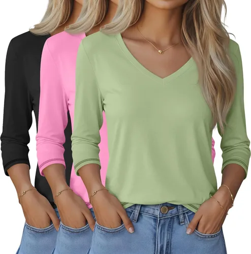 Miniatura 8 de Ficerd Paquete de 3 camisetas de manga 3/4 para mujer, cuello en V, blusas holgadas, blusas casuales, ropa de moda 2026