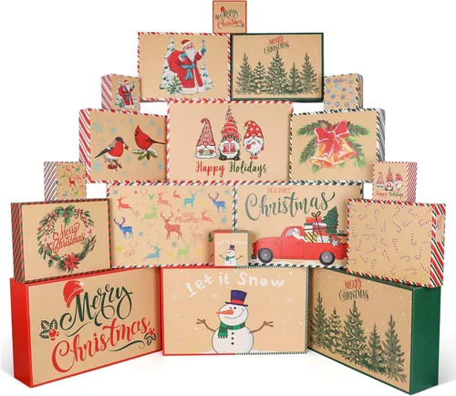 Giiffu 18 cajas de regalo de Navidad de cartón kraft con tapas, 12 diseños y 4 tamaños con etiquetas de regalo, cajas de regalo decorativas de
