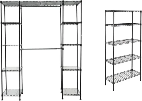 AmazonBasics Armario colgante de metal expandible con estantes, color negro y 5 estantes ajustables, estantería de almacenamiento resistente (350
