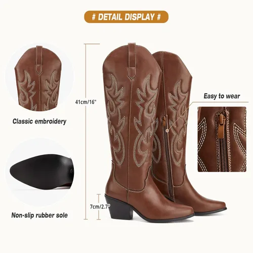 Miniatura 3 de TINSTREE Botas vaqueras bordadas para mujer, botas vaqueras occidentales, botas altas hasta la rodilla