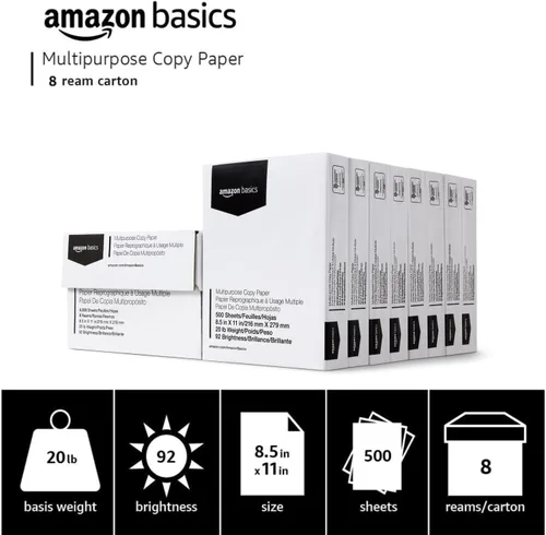 Miniatura 2 de Amazon Basics - Papel para impresora y copiadora multifunción, 20 lb, 8.5 x 11 pulgadas, 8 resmas (4,000 hojas), 92 brillo, blanco