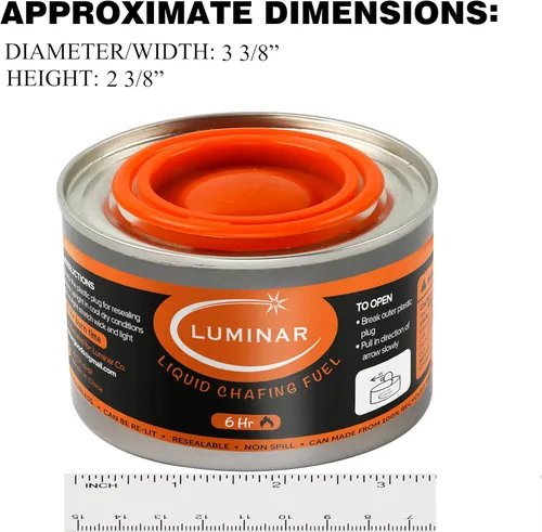 Miniatura 7 de Luminar Latas de combustible de rozaduras con mecha resellable, paquete de 6, 6 horas, quemadores de calidad premium para calentadores de alimentos