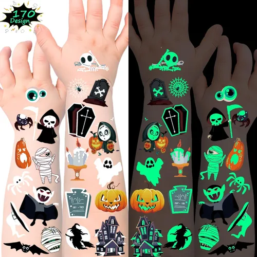 170 estilos que brillan en la oscuridad tatuajes de Halloween para niños, tatuajes temporales, calcomanías luminosas para niños y niñas, calabaza,