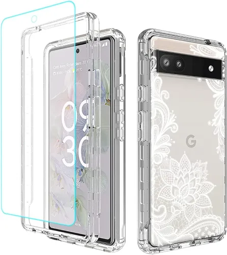 Miniatura 8 de Funda para Google Pixel 6A, diseño floral, protector de pantalla de vidrio templado transparente, funda protectora de cuerpo completo