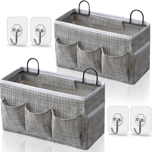 Kanrichu 2 piezas, bolsa organizadora grande de 3 bolsillos para colgar en la pared, con tela de lino, cestas de almacenamiento para colgar en la