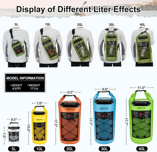 Miniatura 3 de Piscifun Bolsa seca, mochila flotante impermeable 10L/20L/30L/40L con funda impermeable para teléfono para navegación, kayak, pesca Negro