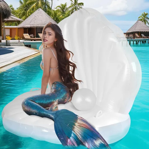 Flotador de Piscina Inflable de Concha Marina Engrosado de 52", Silla de Balsa Flotante Gigante para Piscina con Bolas de Perlas, para Fiestas