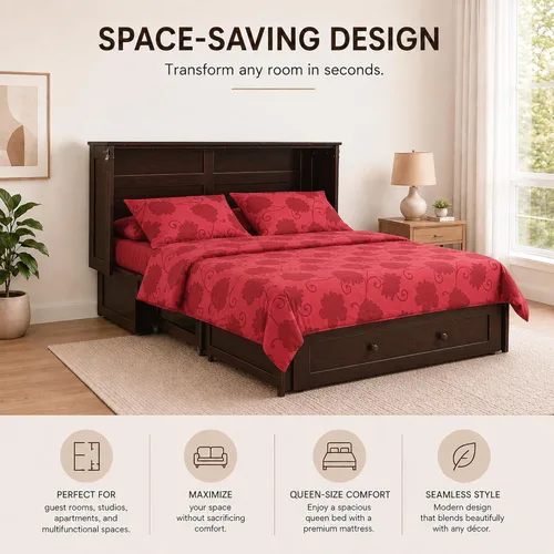 Miniatura 4 de Night & Day Furniture MUR-CLV-QEN-CH y MND-GMF-TRI-QEN MUR-CLV CH y MND-GMF-TRI-QEN - Cama Murphy con colchón, tamaño Queen, color chocolate