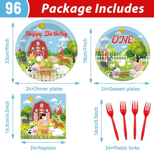Miniatura 2 de gisgfim 96 piezas de suministros para fiesta de cumpleaños con tema de animales de granja, vajilla de granero, primer cumpleaños, platos de papel