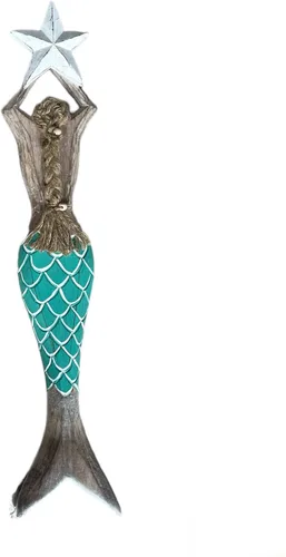 Miniatura 4 de OMA Escultura de sirena de madera para decoración de pared, playa náutica costera, sirena, estrella, estatua colgante, decoración del hogar, grande