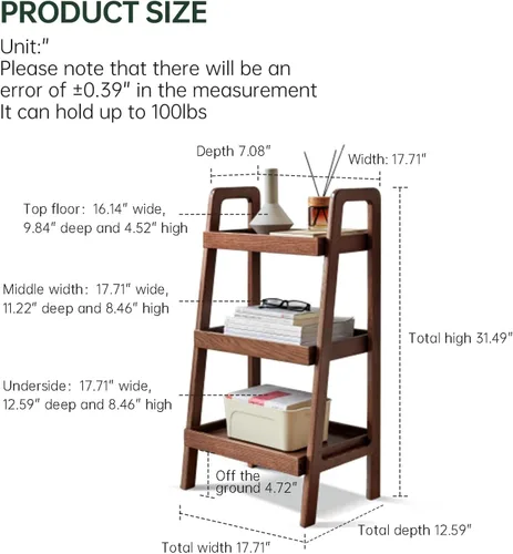 Miniatura 2 de Estante de escalera de 3 niveles de roble macizo 100% para ahorrar espacio, estantería pequeña con marco estable, estantes de escalera Nogal