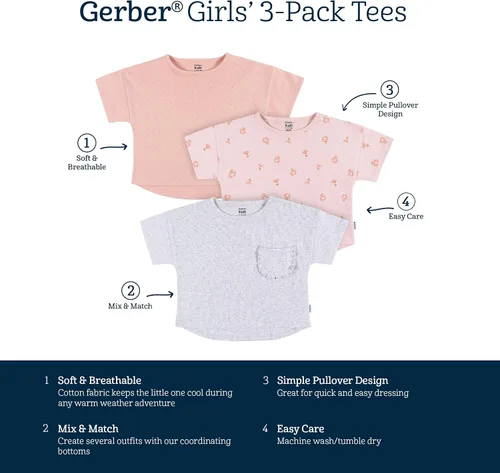 Miniatura 6 de Gerber baby-girls Toddler 3-pack Short Sleeve Tees