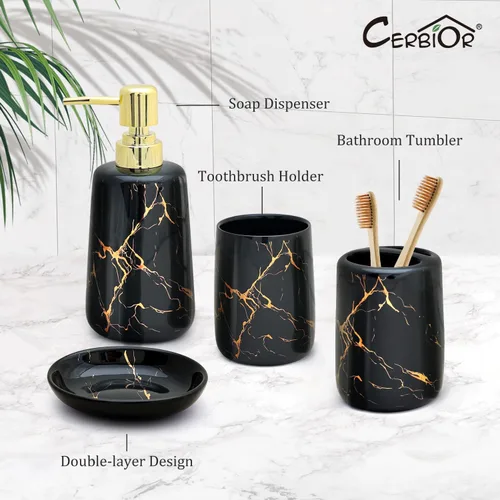 Miniatura 3 de CERBIOR Juego de accesorios de baño, 4 piezas de accesorios de cerámica para decoración de baño, incluye soporte para cepillos de dientes, taza